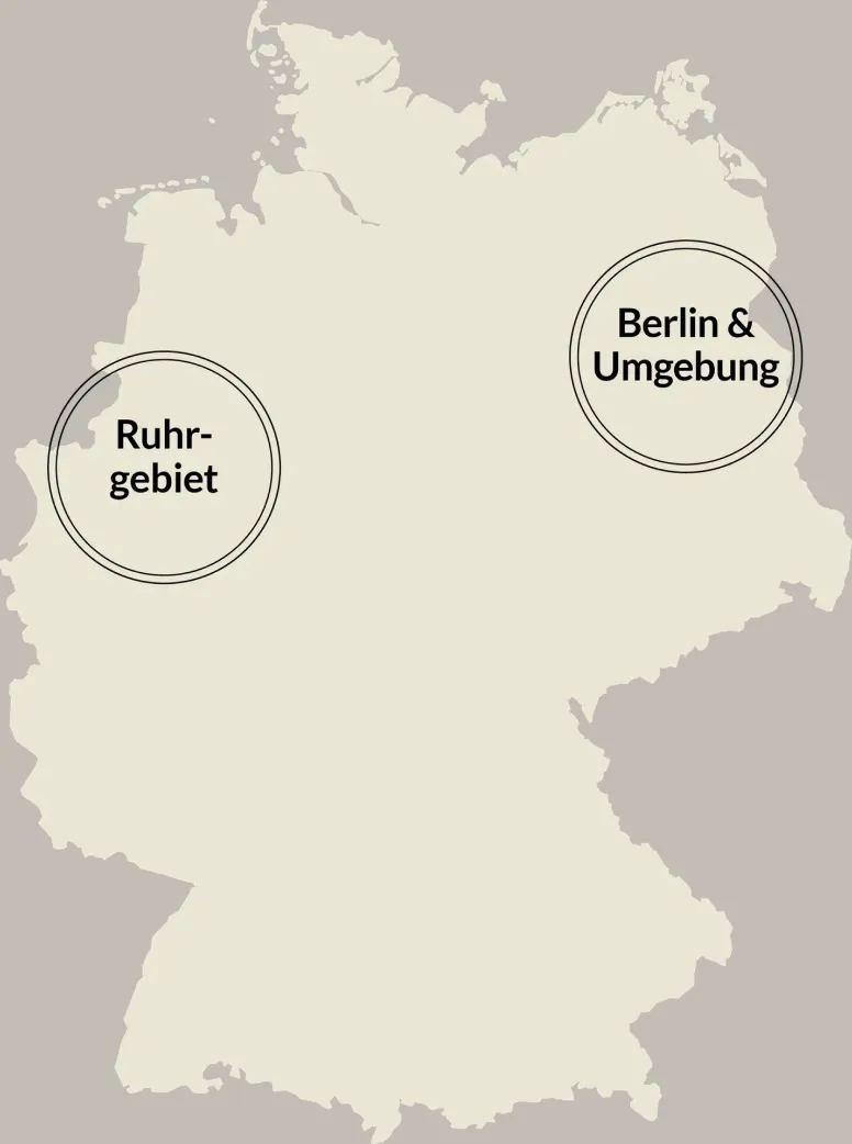 Deutschlandkarte mit den Schwerpunkten Berlin & Umgebung sowie Ruhrgebiet